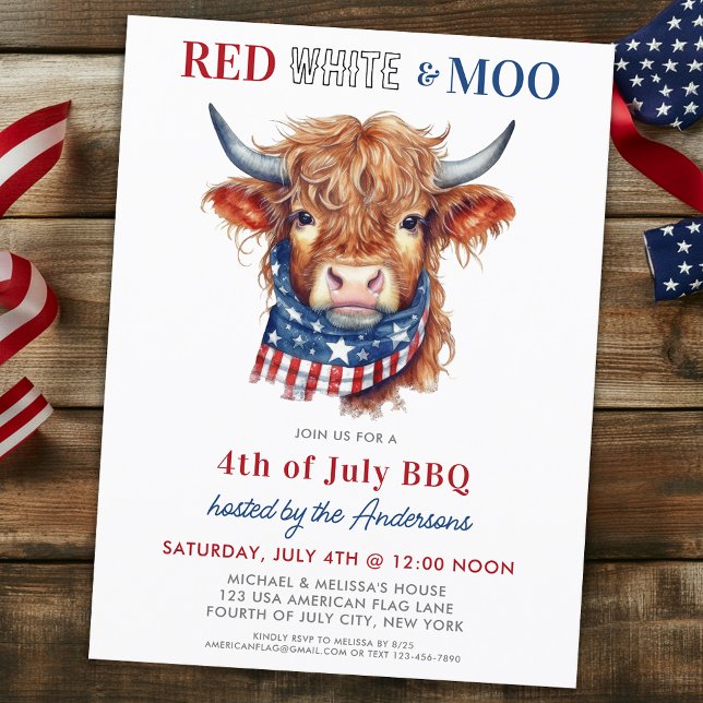 Red White Moo Patriotic Highland Kuh 4. Juli Einladungspostkarte (Von Creator hochgeladen)