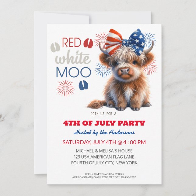 Red White Moo Patriotic Hochlandkuh 4. Juli Einladung (Vorderseite)