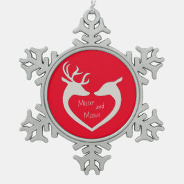 Red & White Mr & Mrs. Deer Couple Snowflake Pewter Schneeflocken Zinn-Ornament