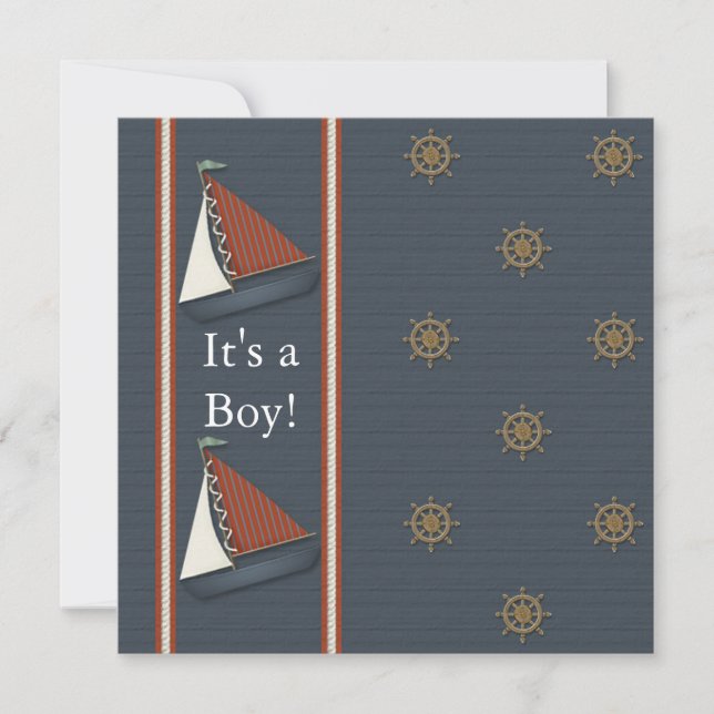 Red White Navy Blue Sailboat Baby Dusche Einladung (Vorderseite)