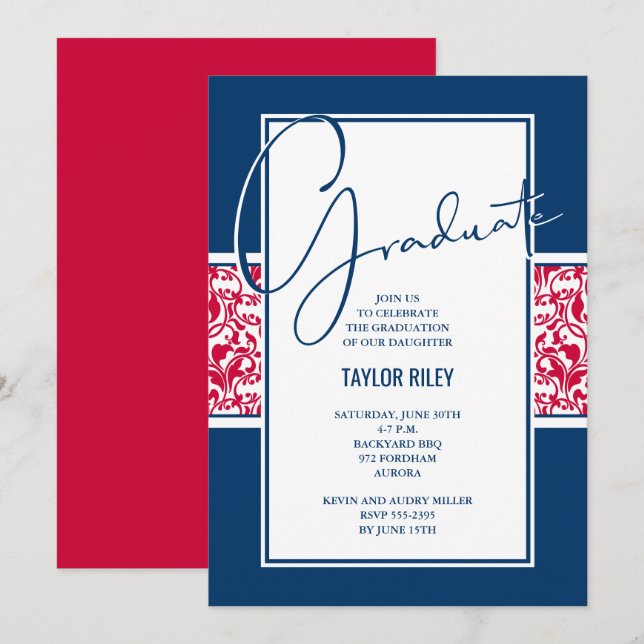 Red White Navy Damask Abschluss Einladung (Vorne/Hinten)