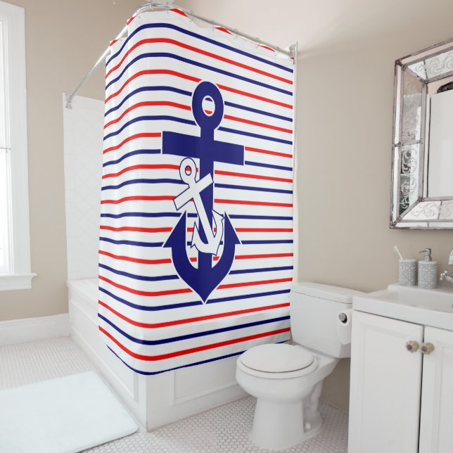 Red White & Navy Stripes W/Anchors Duschvorhang (Beispiel)