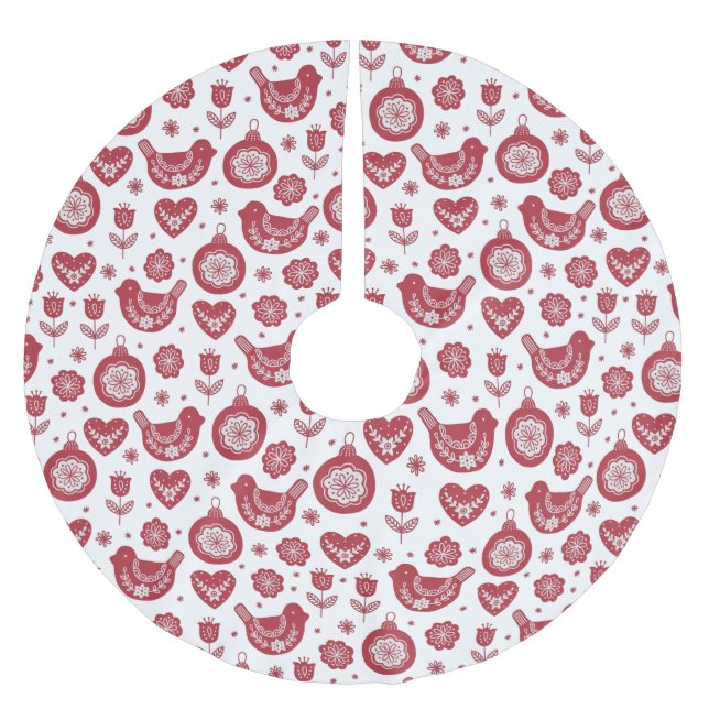 Red White Nordic Bird Bull Weihnachten Polyester Weihnachtsbaumdecke (Vorderseite)