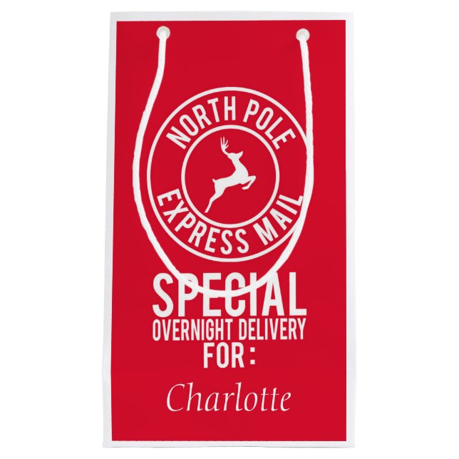 Red & White North Pole Express Mail Name Kleine Geschenktüte (Vorderseite)