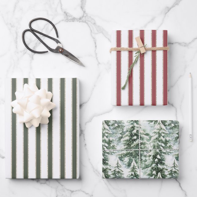 Red White Olive Green Stripes Christmas Trees Geschenkpapier Set (Vorderseite)