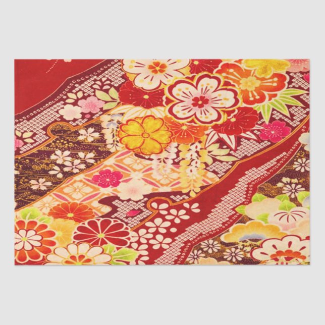 Red White Orange Japanisch Kimono Floral Decoupage Seidenpapier (Vorderseite)