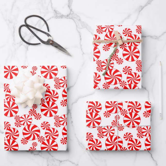 Red White Peppermint Candy Holdiay Muster Geschenkpapier Set (Vorderseite)