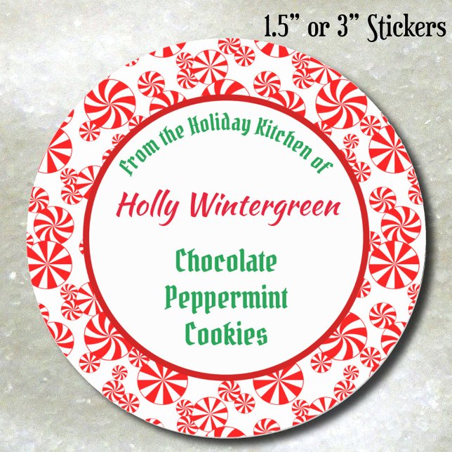 Red White Peppermint Candy Pattern Editable Runder Aufkleber (Peppermint Candy Pattern recipe sticker)