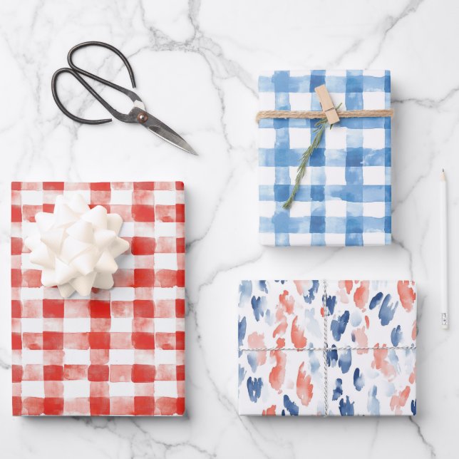 Red White Plaid Stripes Birthday Geschenkpapier Set (Vorderseite)