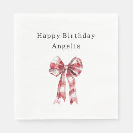 Red White Plaid Stripes Bow Birthday Serviette