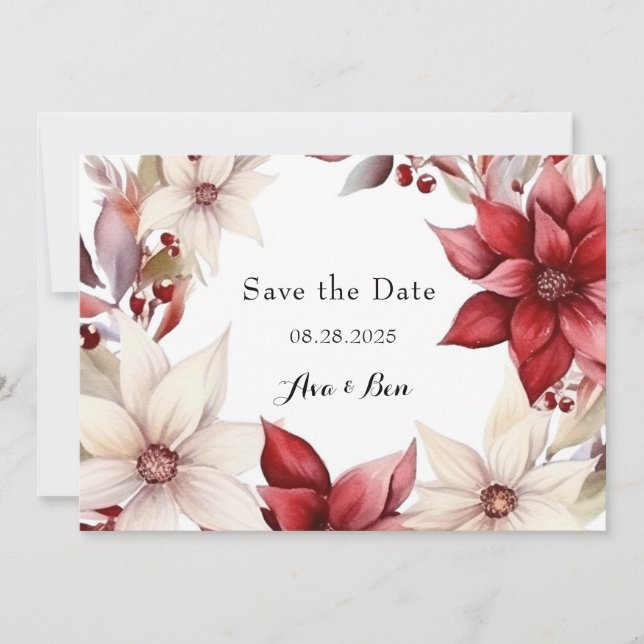 Red White Poinsettia Wedding Save the Date Cards Einladung (Vorderseite)