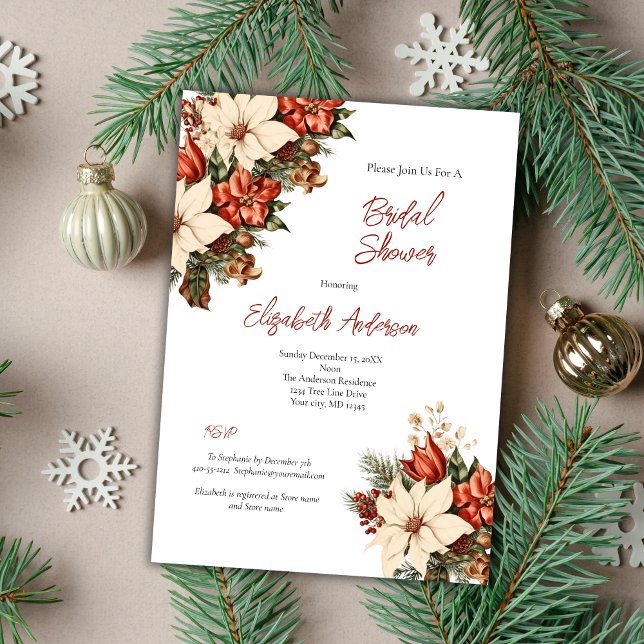 Red White Poinsettia Winter Holiday Brautparty Einladung (Vintage Poinsettia Red white elegant Christmas Holiday Winter Fall Bridal Shower invitation)