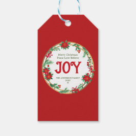 Red White Poinsettia Wreath Retro Frohe Weihnachte Geschenkanhänger