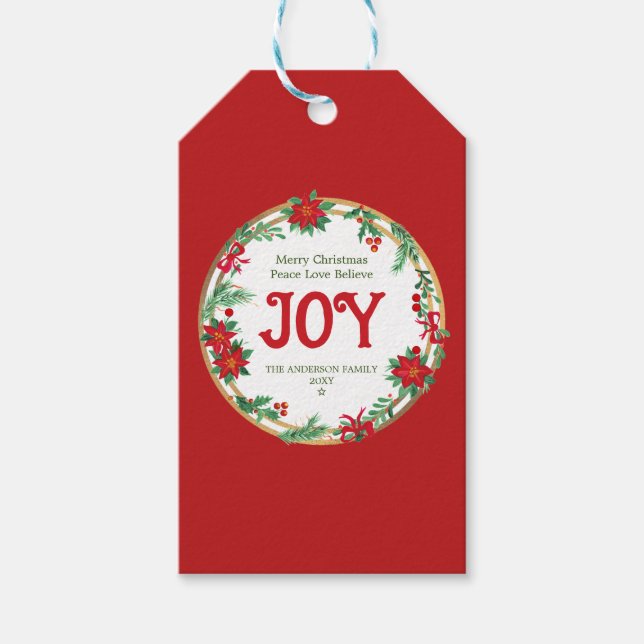 Red White Poinsettia Wreath Retro Frohe Weihnachte Geschenkanhänger (Vorderseite)