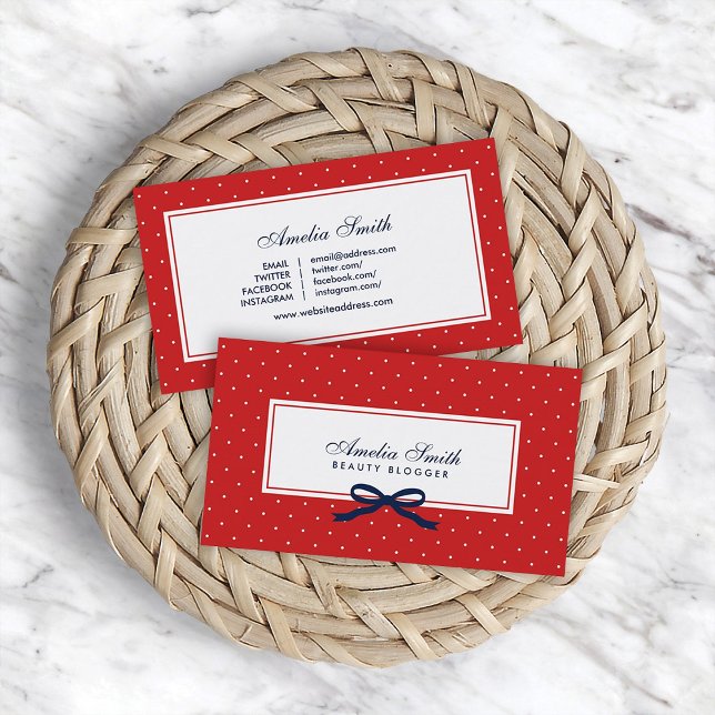Red & White Polka Dot Blue Ribbon Social Media Visitenkarte (Von Creator hochgeladen)
