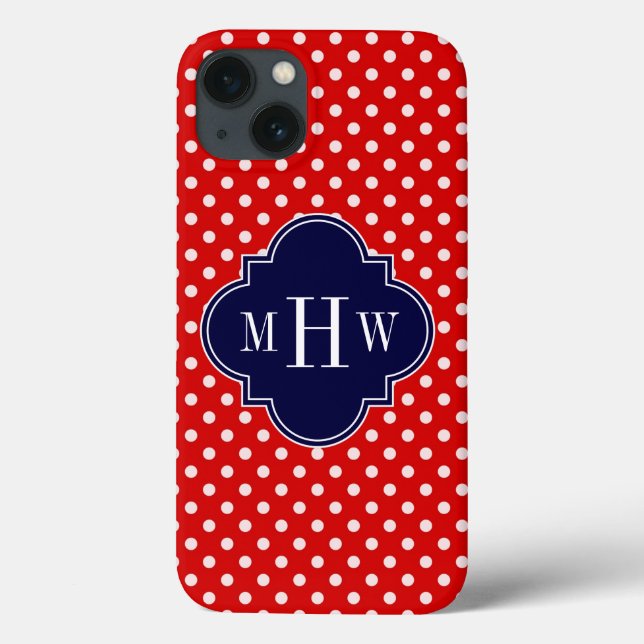 Red White Polka Dot Navy Quarto 3 Monogramm Case-Mate iPhone Hülle (Rückseite)