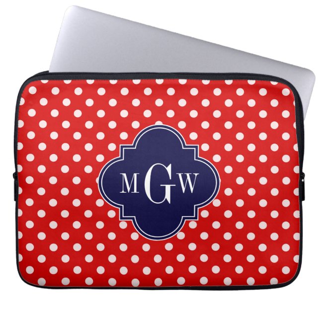Red White Polka Dot Navy Quarto 3 Monogramm Laptopschutzhülle (Vorderseite)