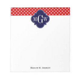 Red White Polka Dot Navy Quarto 3 Monogramm Notizblock