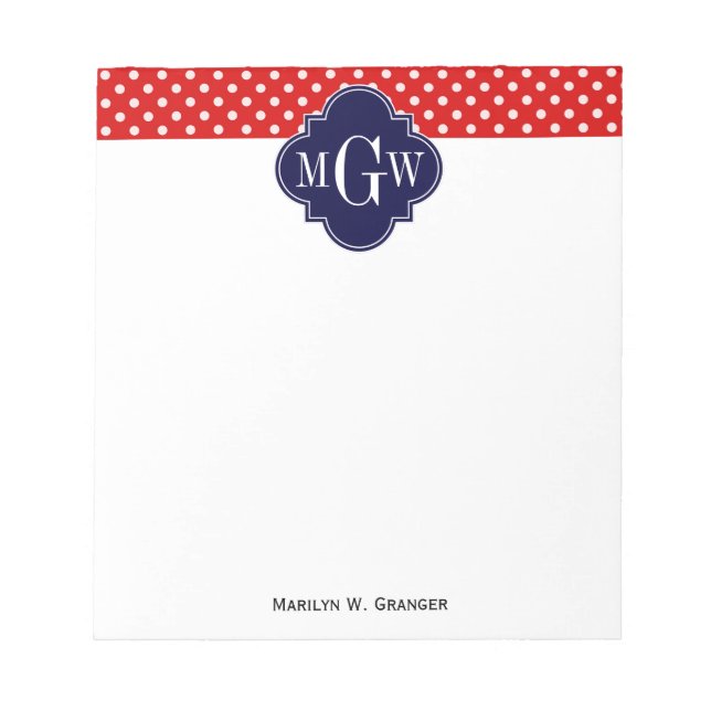 Red White Polka Dot Navy Quarto 3 Monogramm Notizblock (Vorderseite)
