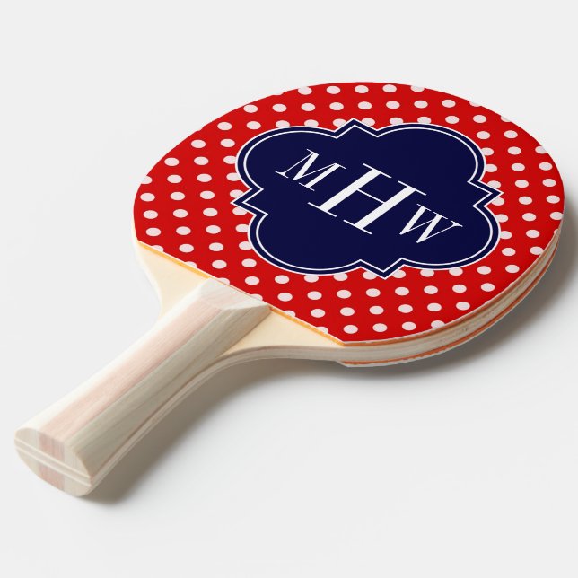 Red White Polka Dot Navy Quarto 3 Monogramm Tischtennis Schläger (Vorderseite)