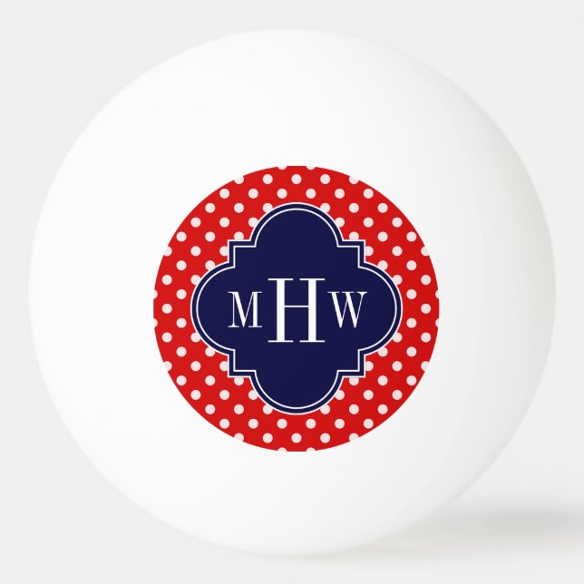 Red White Polka Dot Navy Quarto 3 Monogramm Tischtennisball (Vorderseite)