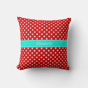 Red White Polka Dots Bright Aqua Name Monogram Kissen