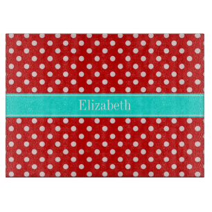 Red White Polka Dots Bright Aqua Name Monogram Schneidebrett