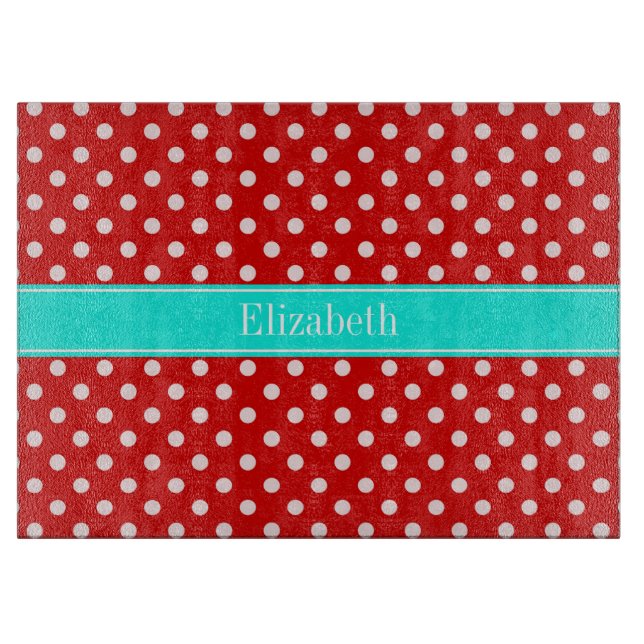 Red White Polka Dots Bright Aqua Name Monogram Schneidebrett (Vorderseite)