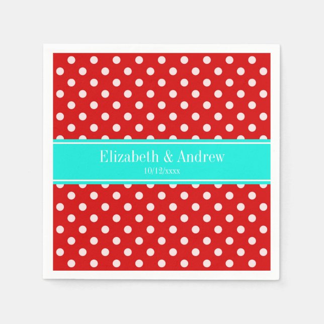 Red White Polka Dots Bright Aqua Name Monogram Serviette (Vorderseite)