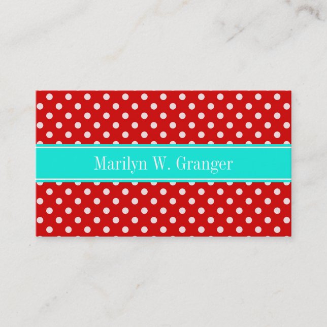 Red White Polka Dots Bright Aqua Name Monogram Visitenkarte (Vorderseite)