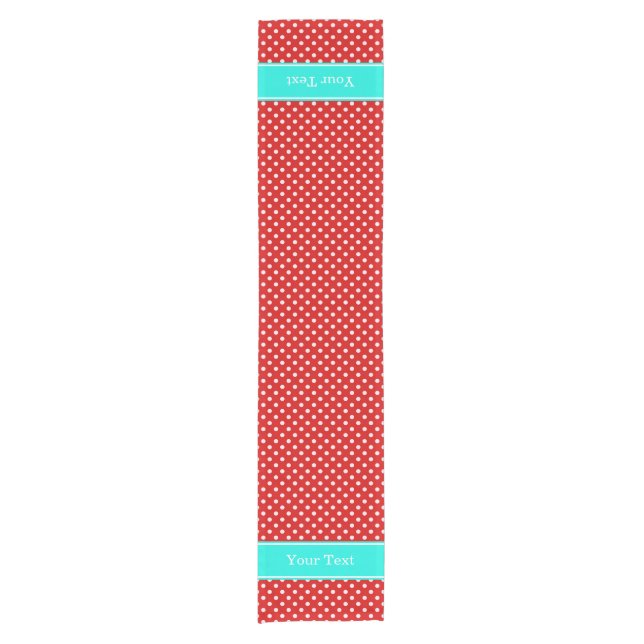 Red White Polka Dots Bright Aqua Ribbon Monogram Kurzer Tischläufer (Vorderseite)