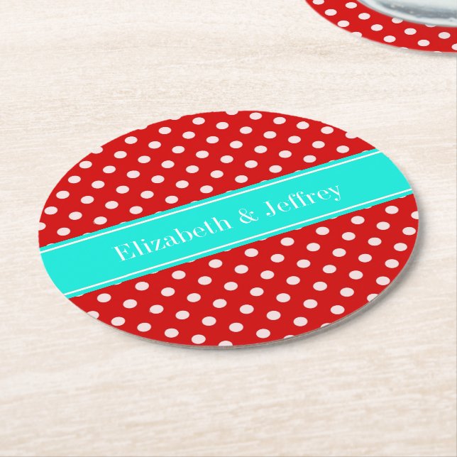 Red White Polka Dots Bright Aqua Ribbon Monogram Runder Pappuntersetzer (Angewinkelt)