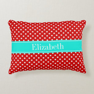 Red White Polka Dots Bright Aqua Ribbon Monogram Zierkissen