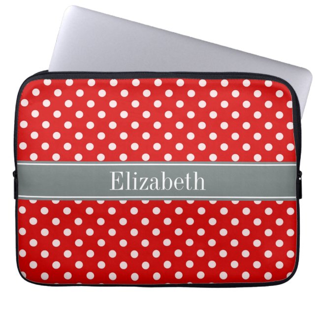 Red White Polka Dots Charcoal Ribbon Monogram Laptopschutzhülle (Vorderseite)