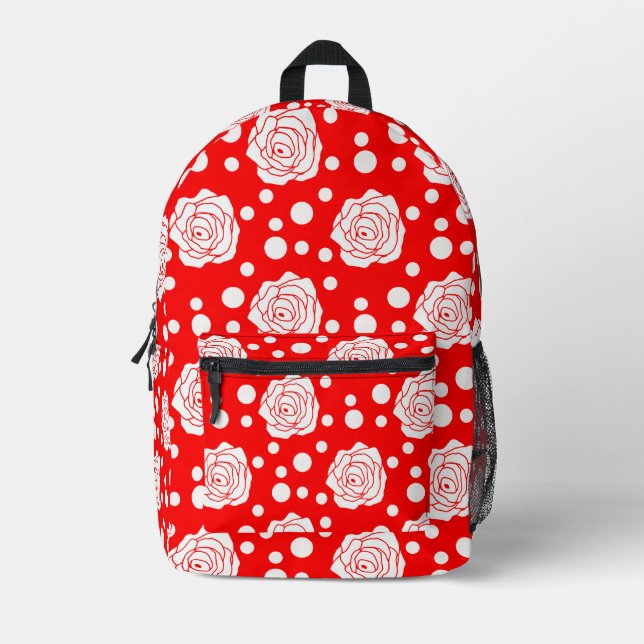Red White Polka Dots Floral Illustration Design Bedruckter Rucksack (Vorderseite)