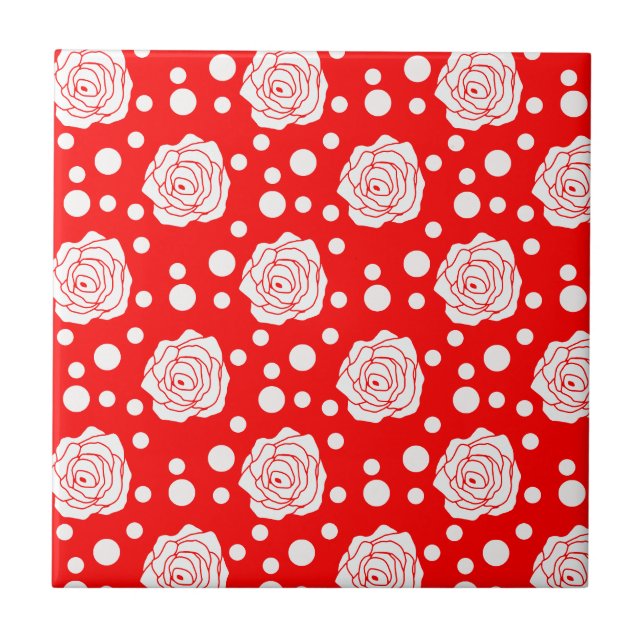 Red White Polka Dots Floral Illustration Design Fliese (Vorderseite)
