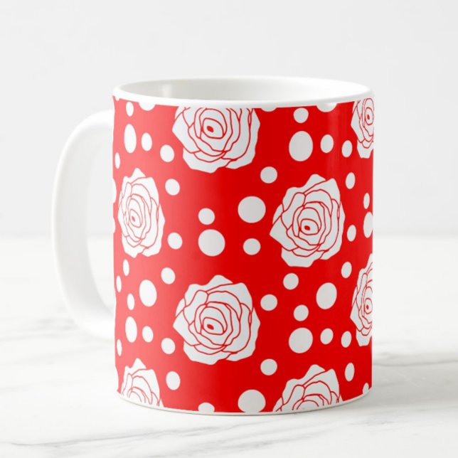 Red White Polka Dots Floral Illustration Design Kaffeetasse (Von Creator hochgeladen)