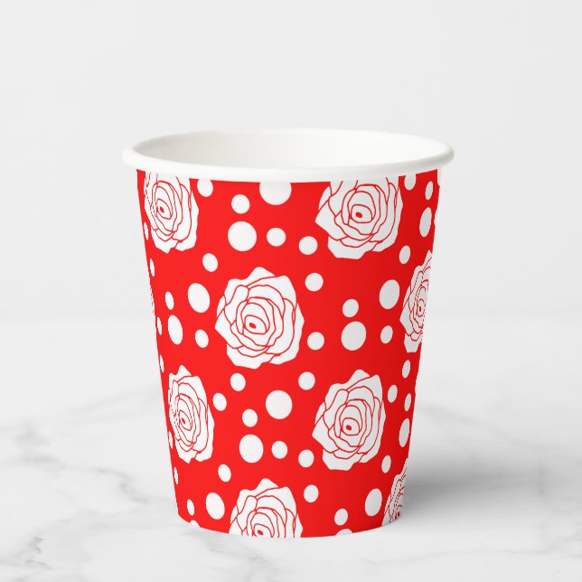Red White Polka Dots Floral Illustration Design Pappbecher (Vorderseite)