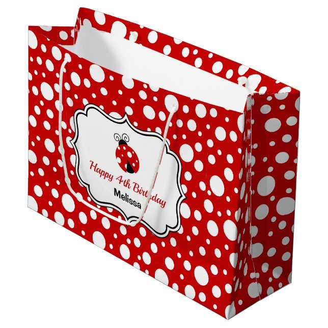 Red White Polka Dots Ladybug Frame Kindergeburtsta Große Geschenktüte (Vorderseite Schrägansicht)