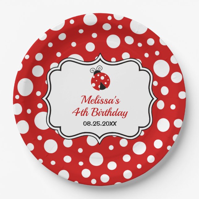 Red White Polka Dots Ladybug Frame Kindergeburtsta Pappteller (Vorderseite)