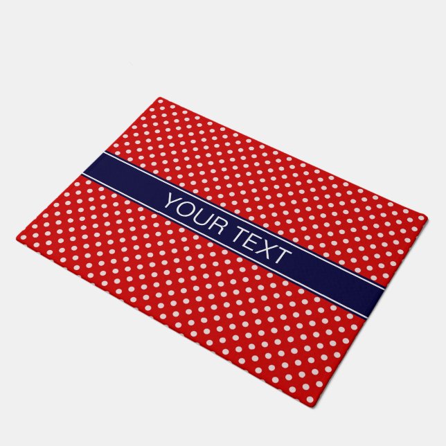 Red White Polka Dots Navy Blue Ribbon Monogram Fußmatte (Schrägansicht)