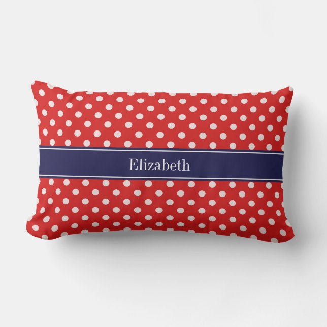 Red White Polka Dots Navy Blue Ribbon Monogram Kissen Für Draußen (Vorderseite)
