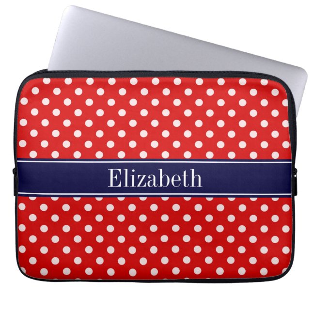 Red White Polka Dots Navy Blue Ribbon Monogram Laptopschutzhülle (Vorderseite)