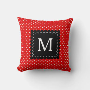 Red White Polka Dots Pattern Schwarzes Monogramm D Kissen