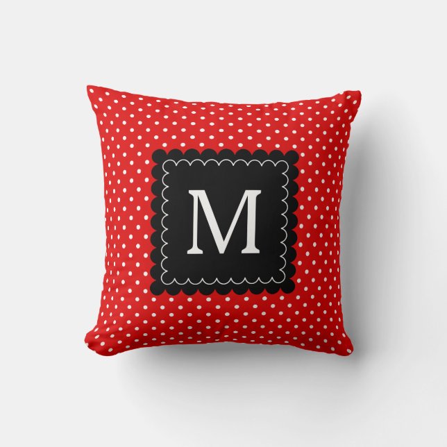 Red White Polka Dots Pattern Schwarzes Monogramm D Kissen (Vorderseite)