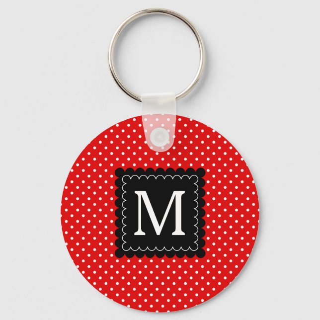 Red White Polka Dots Pattern Schwarzes Monogramm D Schlüsselanhänger (Vorderseite)
