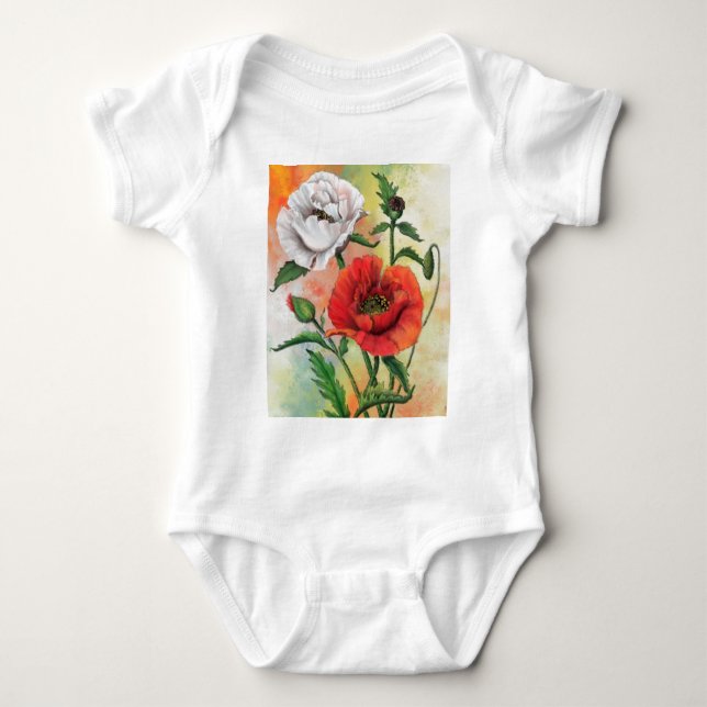 Red White Poppies Baby Bodysuit Strampler (Vorderseite)