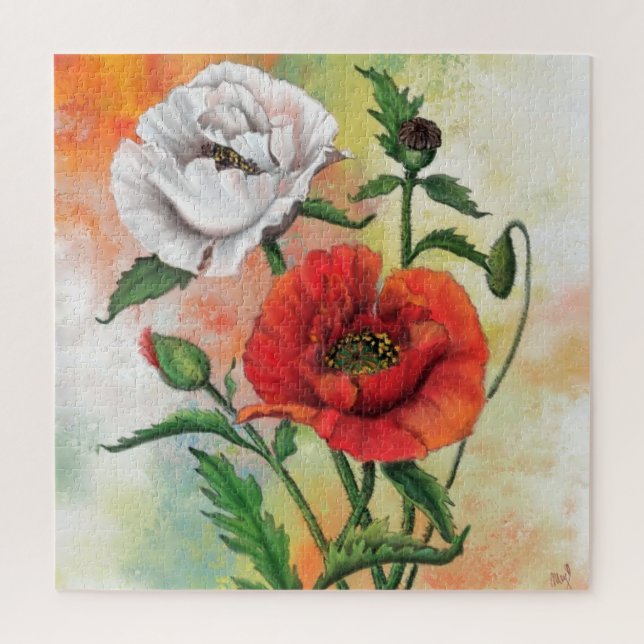 Red White Poppies Puzzle - Schöne Blume (Vertikal)