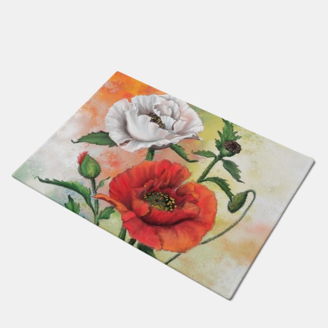 Red White Poppy Doormat Fußmatte (Schrägansicht)