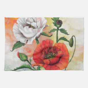 Red White Poppy Flowers Kitchen Towel Painting Geschirrtuch